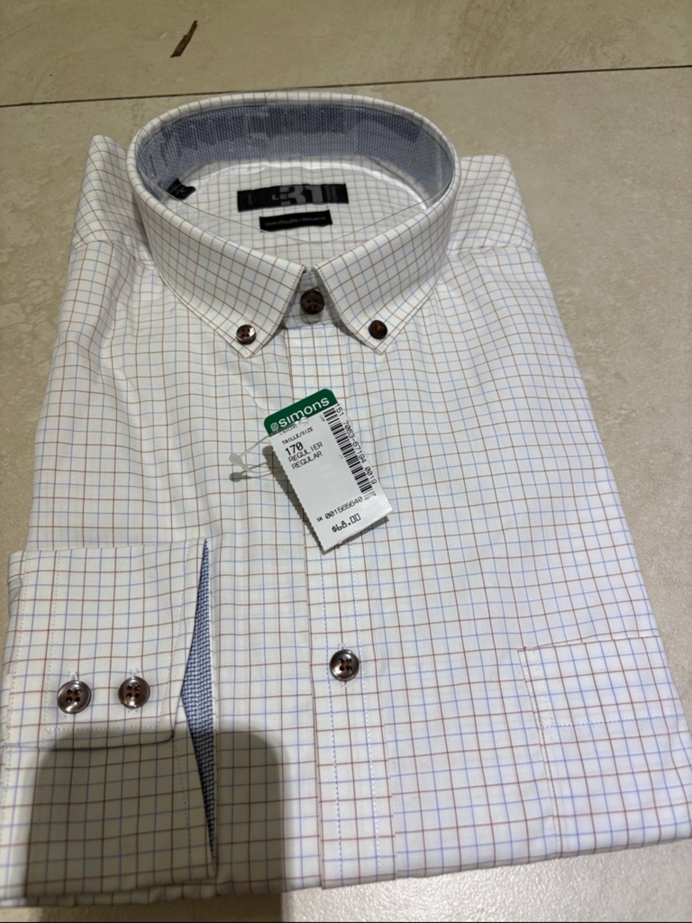 NWT Simons White Dress Shirt with Blue & Tan Grid